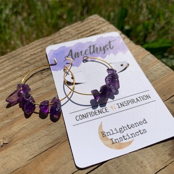 Gold Gemstone Hoop Earrings, Boho Hoops - Picture 3 of 7